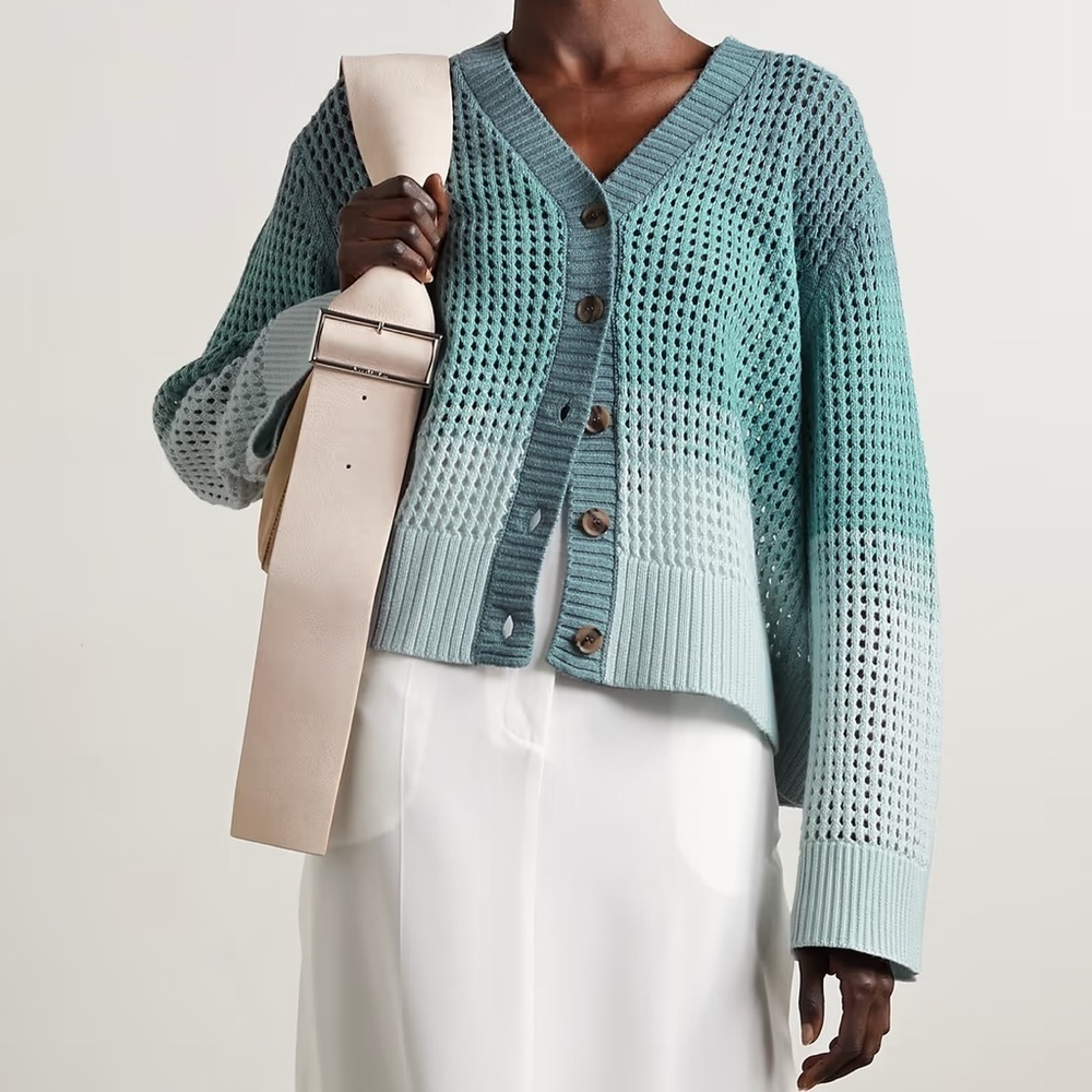 ATM Blue Ombre Wool Blend Open Knit Button Front Wool Cashmere Cardigan Size Xl